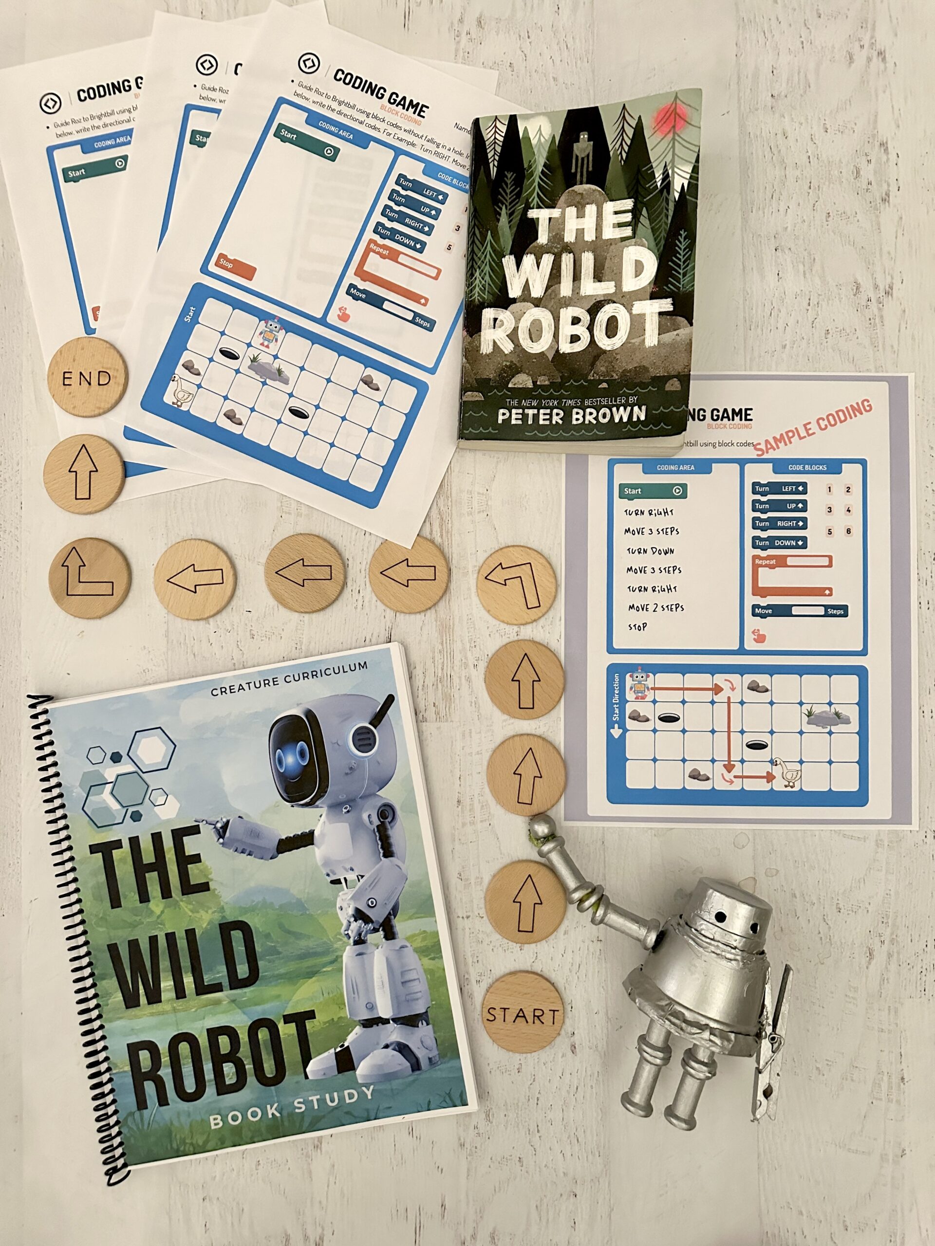 A table with books, magnets and a robot.