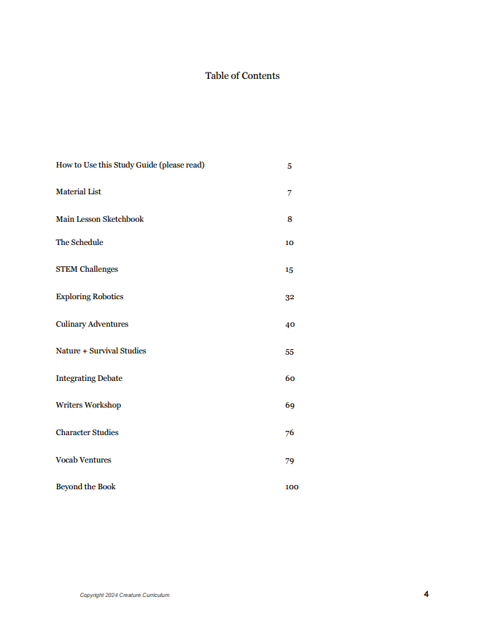 Table of contents for a book